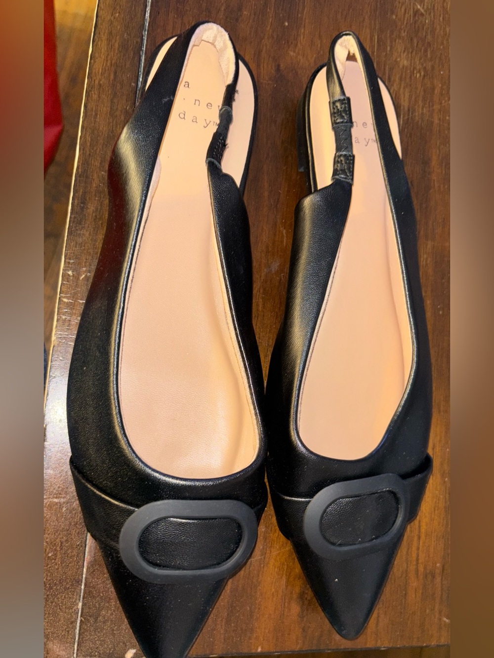 Black Pointed Slingback Flats with Decorative Oval Buckle